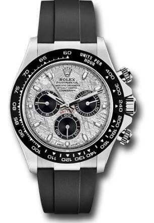 Replica Rolex White Gold Cosmograph Daytona 40 Watch 116519LN Meteroite and Black Index Dial Black Oysterflex Strap